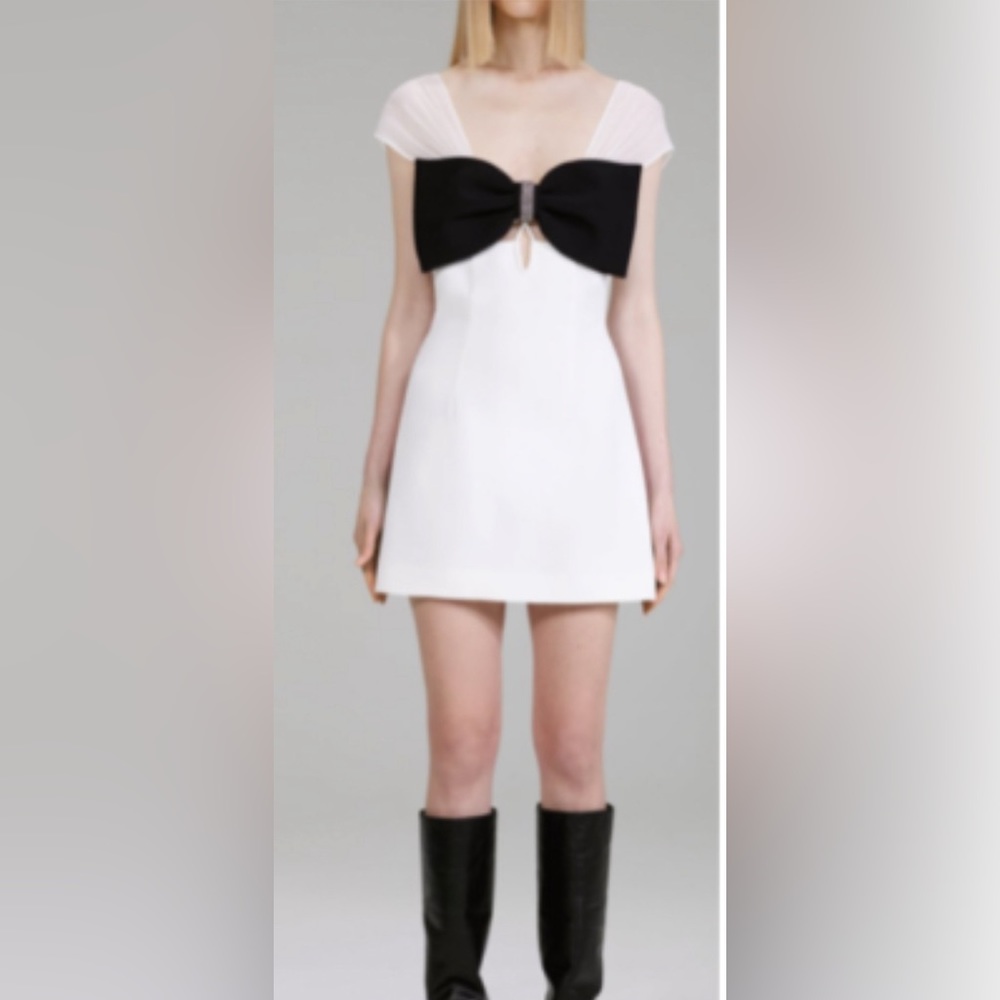 White Self-portrait mini dress. Black bow and chiffon bands.